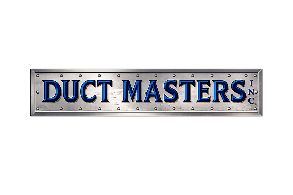 Logo of Duct Masters Inc., featuring bold blue letters on a metallic background.