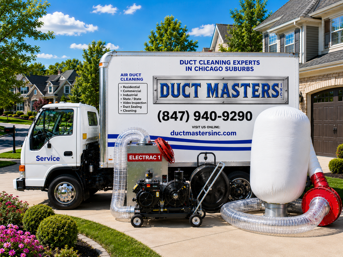 A duct cleaning service truck parked in a residential area, featuring the company name 'Duct Masters' and a list of services offered, including air duct cleaning and video inspection. The truck is connected to duct cleaning equipment, including a large vacuum unit and flexible hoses.